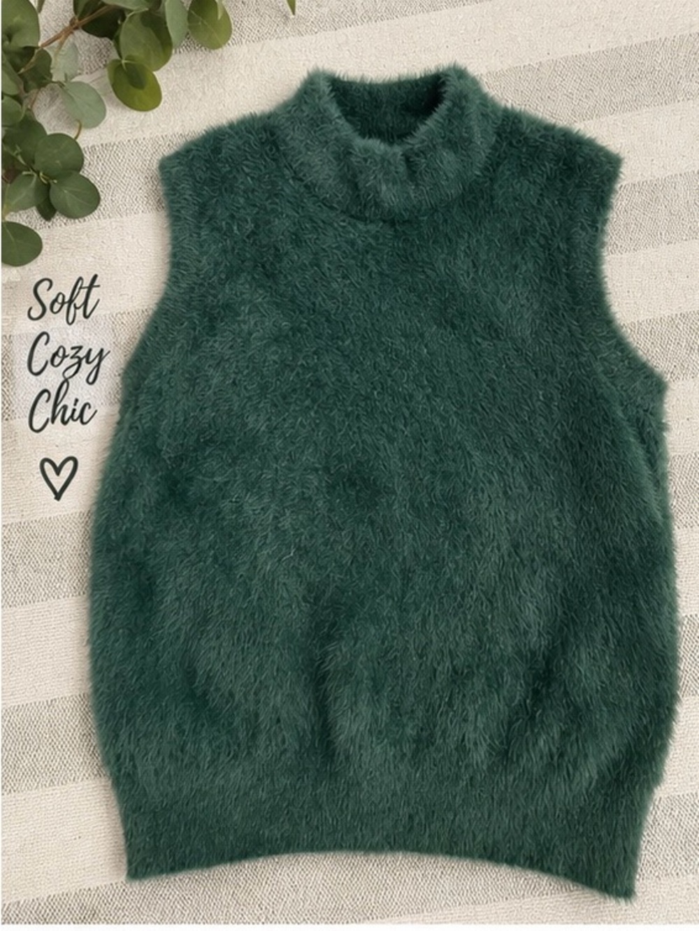 Rachel Zoe Fuzzy Sleeveless Cowl Neck Sweater Vest in Forest Green
